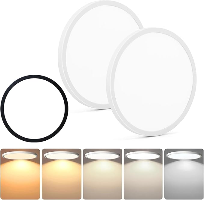 12 Inch Flush Mount Ceiling Light Fixture, 5CCT Adjustable LED Ceiling Light, Flicker-Free, Bedroom Ceiling Light, Dimmable Close to Ceiling Light – Ultra Thin,CRI90 – 2 Pack with Black Color Ring