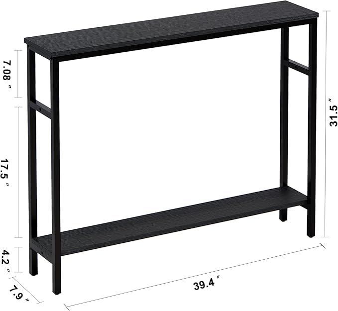 Narrow Console Table, 39.4” Sofa Table with Adjustable Shelf, 2-Tier Long Skinny Table for Hallway, Entryway, Living Room, Foyer, Black