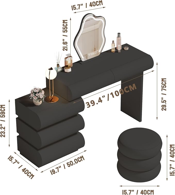 Makeup Vanity Desk with Lighted Mirror and Stool, Faux Leather Upholstered Finish, Modern Dressing Table with 5 Drawers for Bedroom and Makeup Room, Easy Assembly, Black