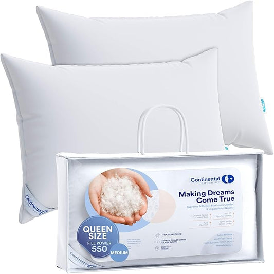 Continental Bedding Medium Queen Set of 2 White Down Pillows 25 Ounce 550FP Hotel Down Pillows for Supporting Back Side and Stomach Sleepers