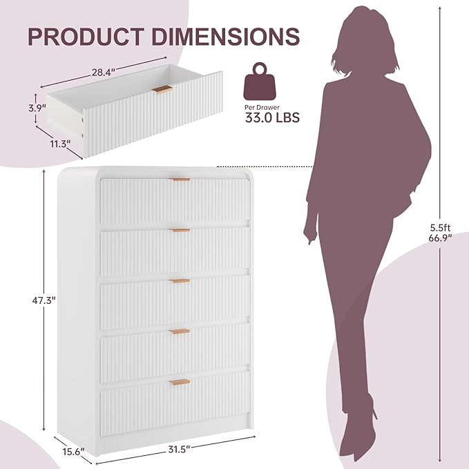 FURSUN Fluted 5 Drawers Dresser for Bedroom, 48" Tall Wooden Modern Dresser with Metal Handle, Curved Profile Design, Storage Organizer for Living Room, Hallway (White)