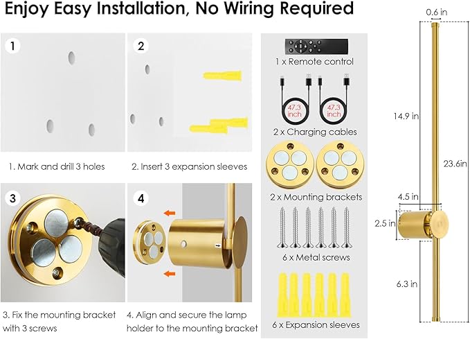 23.6 Inch Battery Operated Wall Sconces Set of Two, 12000mAh Rechargeable Wall Sconce with Remote Control, Dimmable LED Wireless Wall Lights for Bedroom, Living Room, 15 Colors, 180° Rotate, Gold
