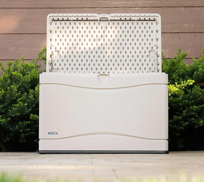 LIFETIME 60059 Black Bottom & Desert (Tan) Sides and Lid Outdoor Storage Box-80 Gal, 80 Gallon, Desert Sand