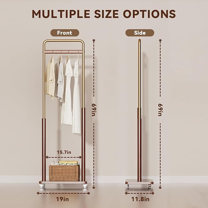 Clothes Rack Solid Wood Coat Rack, Metal and Solid Wood Combination Clothing Rack with Wheels for Entryway, Bedroom, Living Room, Coat Racks Freestanding for Hanging Clothes Garment Scarf