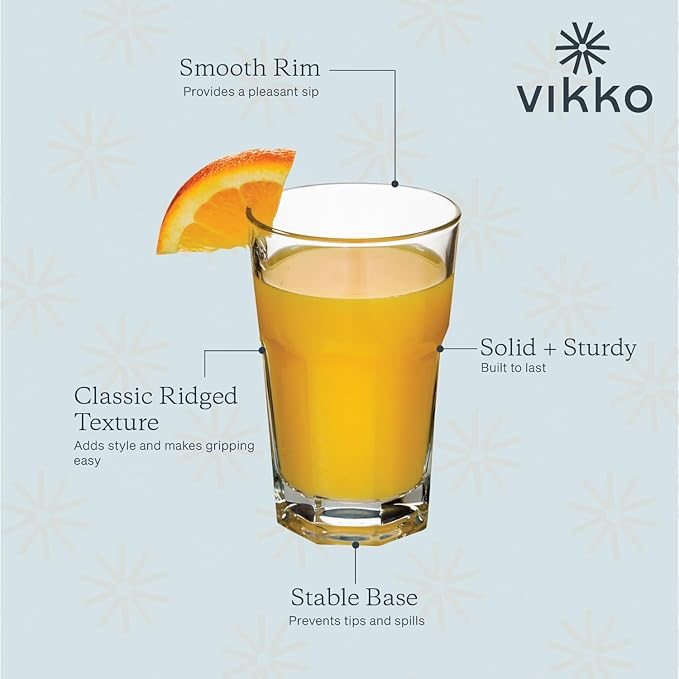 Vikko Drinking Glasses, 9 Ounce Glass Cups, Durable Glasses Drinking Set of 6, Stackable Water Glasses, Highball Glasses, Heavy Base Tumblers & Water Glasses, Dishwasher Safe Cups for Kitchen