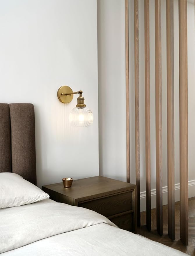 Vintage Wall Sconce 1-Light with Clear Striped Glass Globe Shade, Hardwired Modern Indoor Wall Vanity Light Fixture for Farmhouse Living Room Bedroom Bathroom