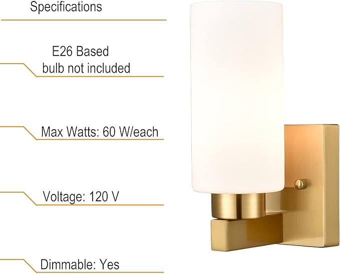 Modern Wall Light Fixtures Brass Bathroom Vanity Light with Milky White Cylinder Glass Shade Set of 2