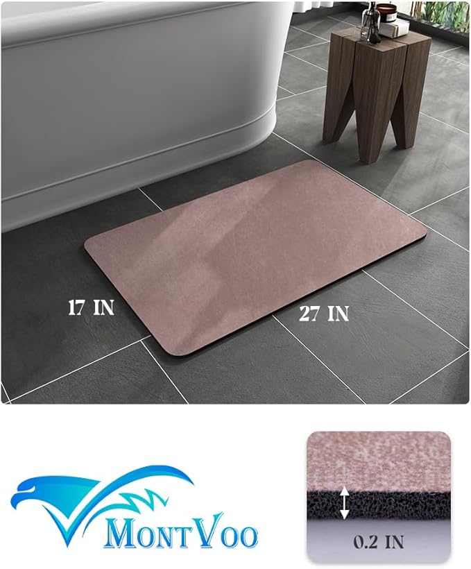MontVoo -Bath Mat Rug-Rubber Backing Non Slip Quick Dry Absorbent Thin Bathroom Rugs Fit Under Door-Faux Suede Surface Bathroom Floor Mats-Shower Rug for in Front of Bathtub Shower Dusty Rose 17x27.5