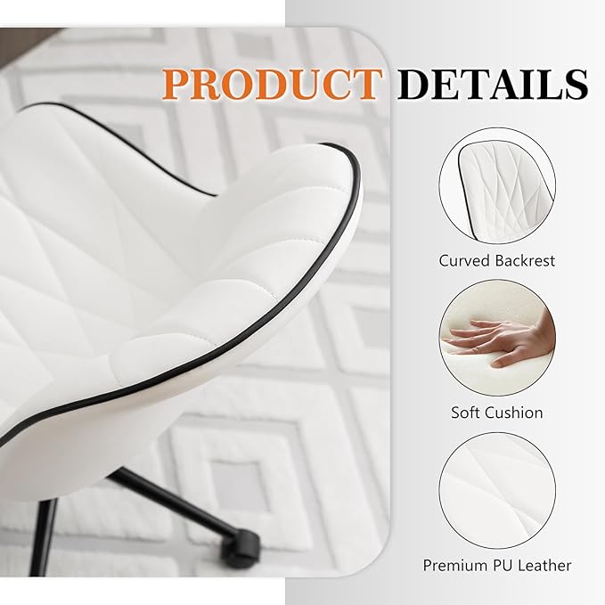 Rowill Modern Office Chair - Ergonomic Swivel Leather Desk Chair with Curved Backrest, Height Adjustable Rolling with Wheels, Perfect for Study Room & Office, White