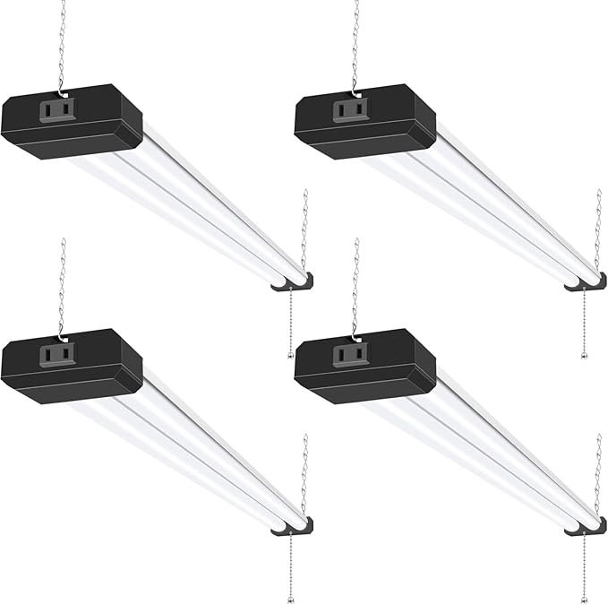 hykolity 4 Pack 4FT LED Shop Light, Linkable Utility Shop Lights, 42W, 5000K Daylight White Shop Light for Garages, Workshops,Hanging or FlushMount, Power Cord with Pull Chain Switch, Balck, ETL