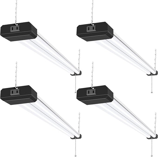 hykolity 4 Pack 4FT LED Shop Light, Linkable Utility Shop Lights, 42W, 5000K Daylight White Shop Light for Garages, Workshops,Hanging or FlushMount, Power Cord with Pull Chain Switch, Balck, ETL