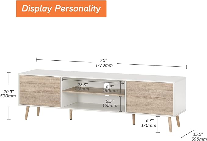 WAMPAT Mid Century Modern TV Stand for TVs up to 75 inches, Wood TV Console Media Cabinet with Storage, Entertainment Center for Living Room Bedroom, White and Oak, 70 inch