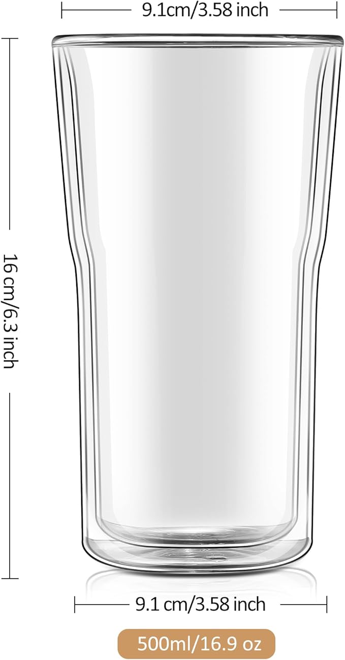 Joeyan Glass Double Walled Beer Drinking Glasses Tumbler 16 oz, Double Layer Tall Borosilicate Insulated Water Cocktail Glass Cups, Double Lined Thermo Tea Coffee Hot Beverage Glassware, Set of 2