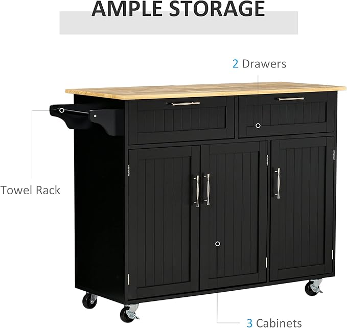 HOMCOM Mobile Kitchen Island with Storage, Kitchen Cart with Wood Top, Storage Drawers, 3-Door Cabinets, Adjustable Shelves and Towel Rack, Black