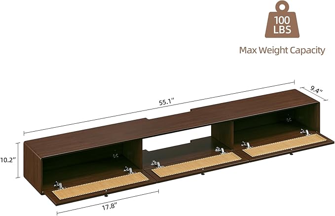 Fully-Assembled Floating TV Stand with 3 Rattan Doors, Rustic Floating Entertainment Center Under TV Shelf, Modern Large Storage Wall Mounted Media Console for Living Room Bedroom 55IN