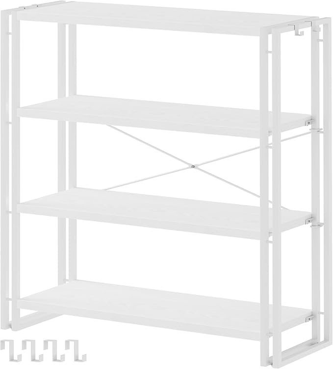 HCHQHS Bookshelf, 4-Tier Industrial Bookcase, White Open Book Shelf, Freestanding Tall Bookshelves with Metal Frame