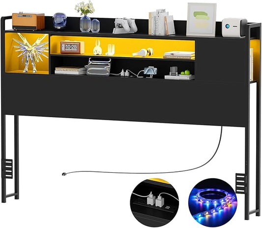 Unikito Headboard for Full Size Bed, Bookcase Style Head Board with Power Outlet and RGB LED Light, Reversible Headboard with Storage, Height Adjustable, Sturdy and Stable, Full Size, Black