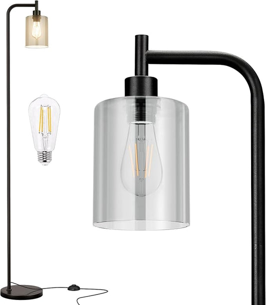 Floor Lamps for Living Room - Standing Lamp with Grey Glass Shade, Modern Floor Lamp with LED Bulbs, Industrial Floor Lamp for Bedroom, Black Tall Lamp for Office(Light Bulb Included)