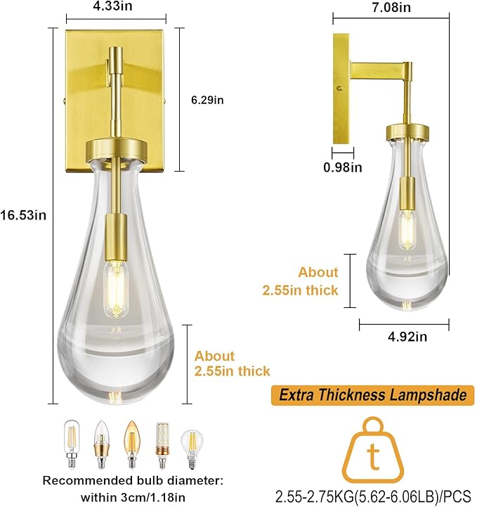 Raindrop Wall Sconces Set of Two Gold Sconces Wall Decor Modern Brass Wall Lighting Glass Bathroom Sconces Indoor Vanity Light Wall Lamp for Bedroom Living Room Stair