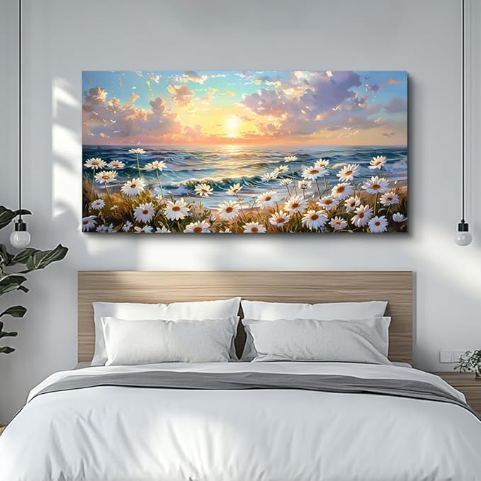 PHAOHUAXM Large Canvas Wall Art For Living Room Bedroom Wall Decor Home Office A Landscape Painting Of A Sea Of White Flowers Painting Room Bathroom Dining Room Artwork Picture Wall Decor 20x40 In