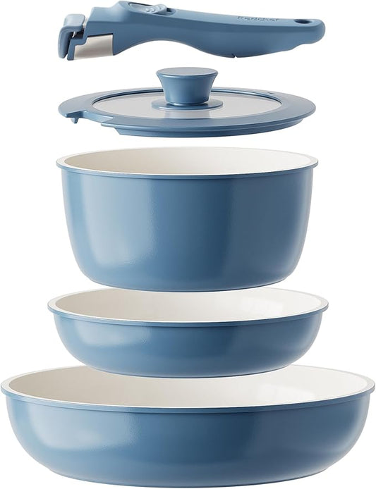Redchef Ceramic Cookware Set, Removable Handle Pots and Pans Non-Stick, Rv Cookware Set, Non-Toxic Pots and Pans Set No PFAS, PTFE, PFOA, Detachable Pots and Pans, Dishwasher & Oven Safe(Blue)