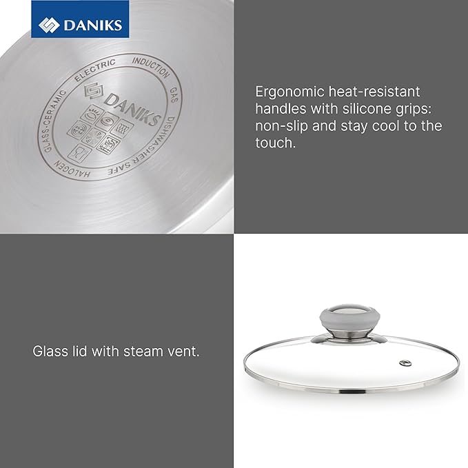 Daniks Modern Stainless Steel Stock Pot with Glass Lid – Induction 3 Quart, Dishwasher Safe, Heatproof Handles, For Soup, Pasta, Stew, Silver