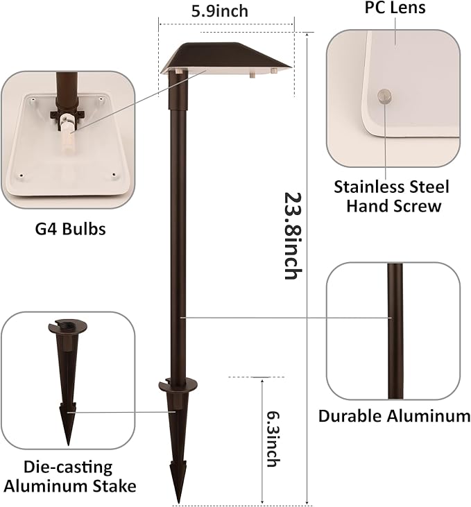 Landscape Path Lights Low Voltage, 2PK Bronze, Work with Replaceable 5W 3000K LED G4 Bulb and Connectors, 12V Wired Landscape Lighting for Outdoor Pathway Driveway Garden, Aluminum
