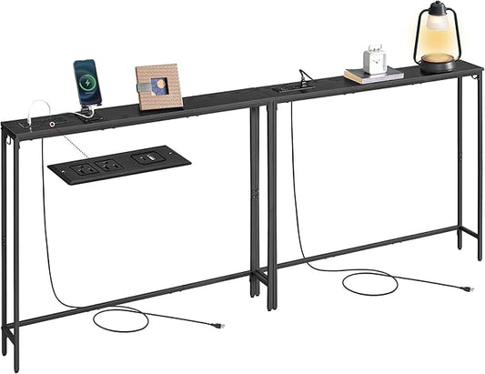 VASAGLE Set of 2 Console Tables with Power Outlets, Slim Behind Couch Sofa Tables, 5.9 x 39.4 x 31.5 Inches, 2 Hooks, Easy Assembly, for Entryway, Living Room, Ebony Black and Ink Black ULNT078B01