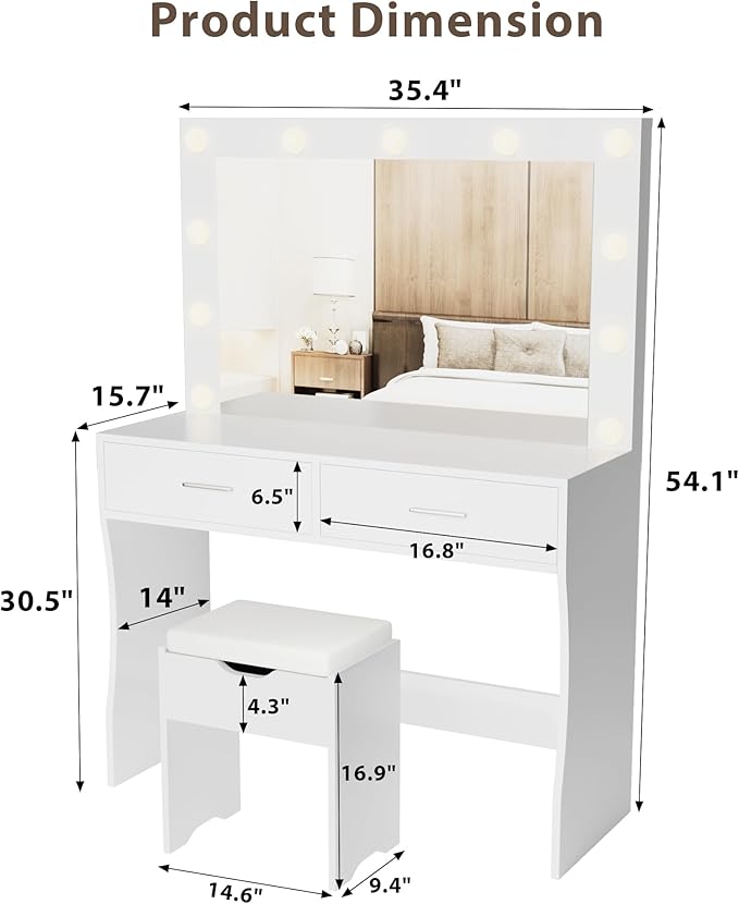 Furmax Vanity Desk Set with Large Lighted Mirror, 35.4 Inch Makeup Vanity Table with 2 Drawers, Cushioned Storage Stool, 3 Lighting Modes Brightness Adjustable, Dressing Table for Bedroom (White)