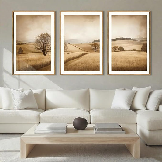 BINCUE Framed Countryside Wall Art Rustic Village Wall Decor Farmhouse Landscape Art Print for Living Room Bedroom Office 16x24 Inches Set of 3