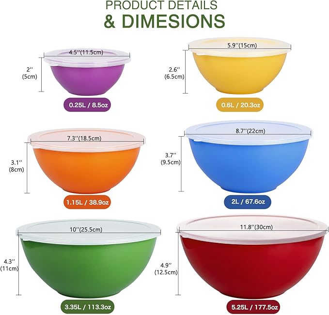 6-Piece Plastic Mixing Bowl Set with Lids for Kitchen, Nesting Storage Bowls for Baking, Prepping,Cooking and Serving Food, Dishwasher, Microwave Safe,Great for Mixing & Serving(6 Set-Red)
