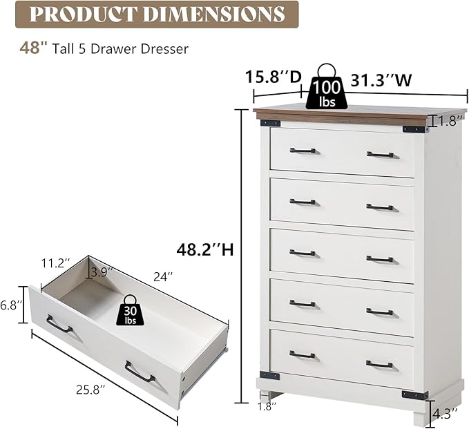 AMERLIFE Farmhouse 5 Drawers Dresser Chests for Bedroom, 48" Tall Wood Rustic Chest of Drawers/w Thick Plank Styling, Heavy Duty Closet Storage Dresser Organizer, Living Room, Hallway, Antique White