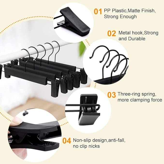 Skirt Hangers，Pants Hangers with Clips，360 ° Swivel Hooks Space Saving Hangers for Pants, Skirts, Clothes, Jeans (10Pack, Black)