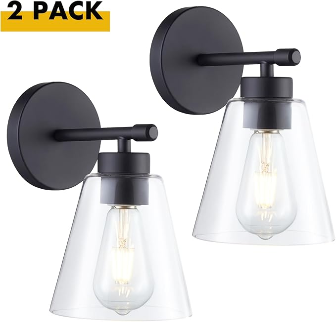Hamilyeah Black Bathroom Sconces Wall Lighting, Farmhouse Wall Sconces Set of 2, Industrial Black Sconces with Clear Glass Shade for Living Room, Kitchen, Hallway