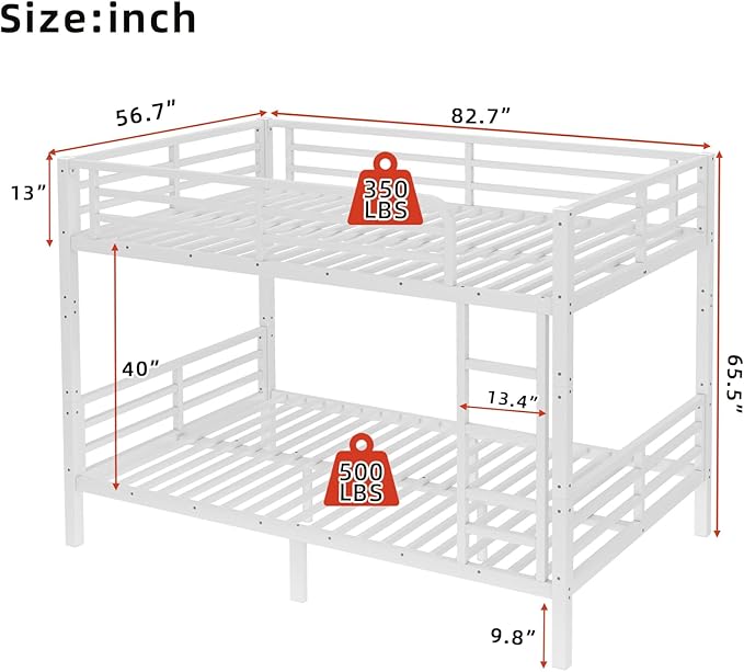 Full XL Over Full XL Bunk Bed Frame, Heavy Duty Metal Loft Bed for Adults/Teens, 350/500LB Capacity w/Ladder & Guardrail, Noise-Free Steel Slats, No Box Spring Required, White