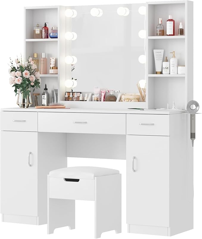 Vabches Makeup Vanity Table with Lighted Mirror & Power Strip, Large Vanity Set Vanity Desk with Lots Storage, 3 Lighting Modes, Brightness Adjustable, 45.2in(L)