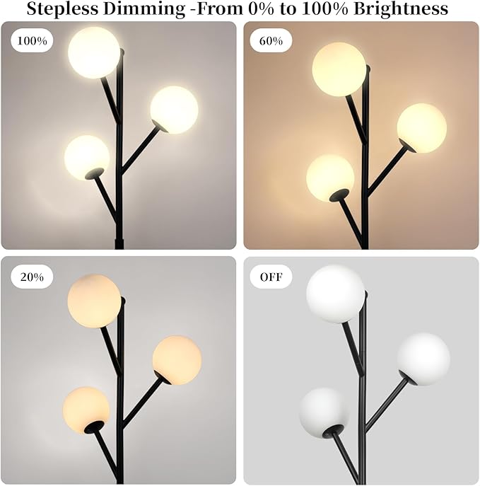 3-Globe Mid Century Modern Floor Lamp and Bulbs Included,70inch Tall Black Stand Lamp with Frosted Glass Shade for Living Room Office Bedroom, Study Room, Hotel, Dimmer Lighting (dimmer-Black)