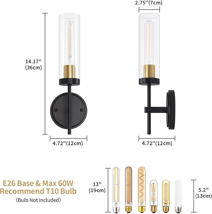 Wall Sconces Set of 2, Black and Gold Modern Bathroom Vanity Lights with Clear Glass, Sconces Wall Decor Set of 2, Hardwired wall Sconce Lighting, Indoor Wall Lights for Bedroom Living Room Hallway