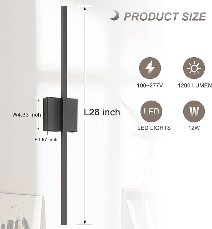 Wall Sconces Set of Two, Black Modern Wall Sconce Light for Bathroom, Living Room, Bedroom, Hardwired 3000K 28''