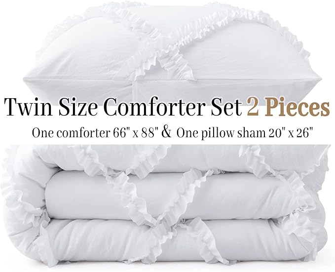 Bonlino Twin Comforter Set Soft Bedding - 2 Pcs Tufted Decor Fluffy Comforter Boho Bed in a Bag with Cute Lightweight Pillowcase for Dorm Farmhouse Bedroom Luxury Gift(White)