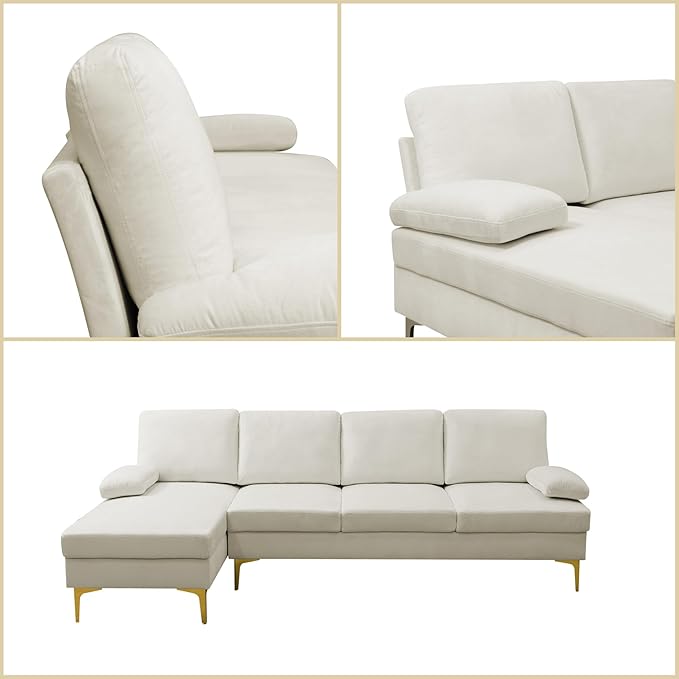 L Shaped Sectional Couch, Modern Modular Sectional Sofa with Chaise, 4 Seat Lounge Comfy L Shaped Couch Set with High Density Memory Foam for Living Room Apartment, White