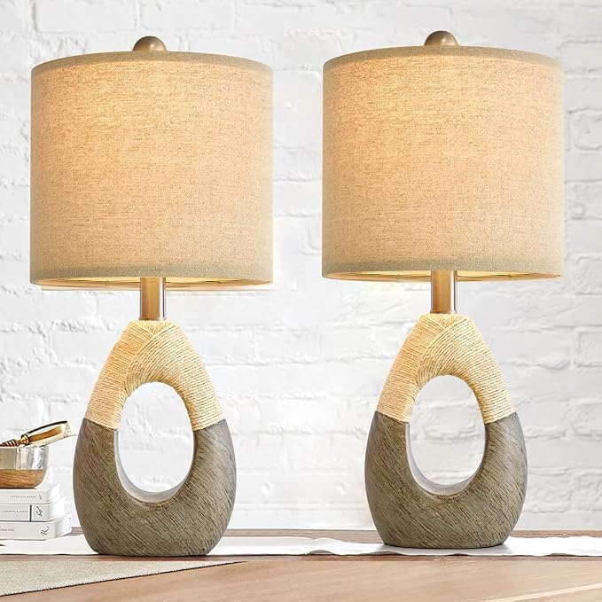OYEARS 19” Boho Table Lamps Bedroom Living Room Set 2,Suitable for Small Space,Small Farmhouse RattanTable Lamp Rustic Egg Design Resin Light Decoration,Nightstand Bedside Lamps for Office Study Rest