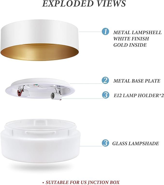 Vikaey Modern Mid Century Flush Mount Ceiling Light, 2-Light Minimalist Round Close to Ceiling Light Fixture, White Drum Ceiling Lamp with Glass Lampshade for Bedroom, Hallway, Kitchen, 12.5in