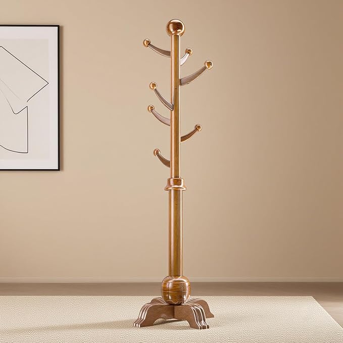 Hall Tree, Freestanding Wood Tree Rack with 7 Hooks, Coat Rack with Stable Sphere Base, Wooden Coat Rack Stand, Load 210 lb, Coat Hanger Stand for Entryway, Hallway, Bedroom (Natural)