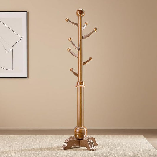 Hall Tree, Freestanding Wood Tree Rack with 7 Hooks, Coat Rack with Stable Sphere Base, Wooden Coat Rack Stand, Load 210 lb, Coat Hanger Stand for Entryway, Hallway, Bedroom (Natural)