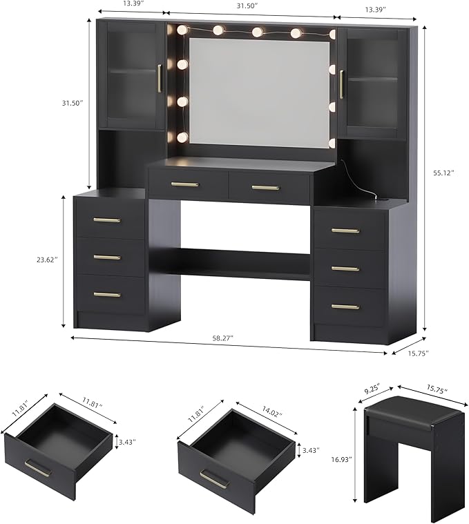 Black Vanity Desk with Mirror, Lights & Charging Station, 58.3" 3 Lighting Modes Makeup Desk with 8 Drawers, 2 Cabinets and Lots Storage, Dressing Table Vanity Set with Lighted Mirror