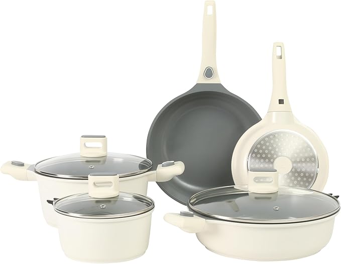 Sur La Table Kitchen Essentials 13 Piece Detachable Handle Pots and Pans Premium PFA Free Premium Ceramic Non Stick Induction Safe and Secure Removable Handle Cookware Set - Eggshell White