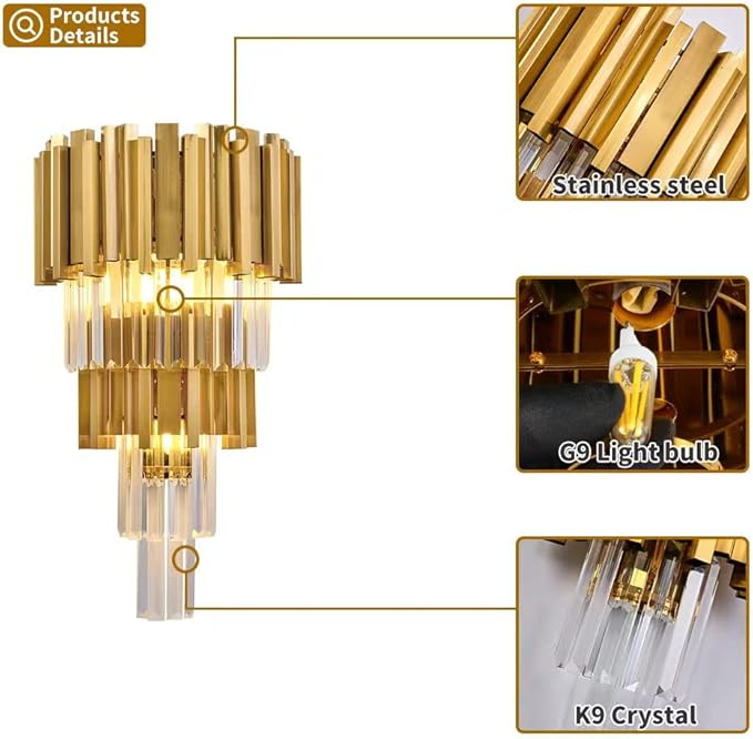 WABON Modern Crystal Wall Sconce Lighting 3-Light Gold Wall Sconce Crystal Hallway Wall lamp for Living Room Antique Gold