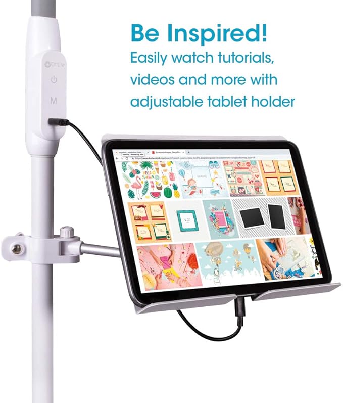 OttLite LED Floor Lamp with USB Port & Tablet Stand – Modern White Design, ClearSun LED Standing Light, USB Charger, Touch Activated Controls, for Crafting, Reading, Work