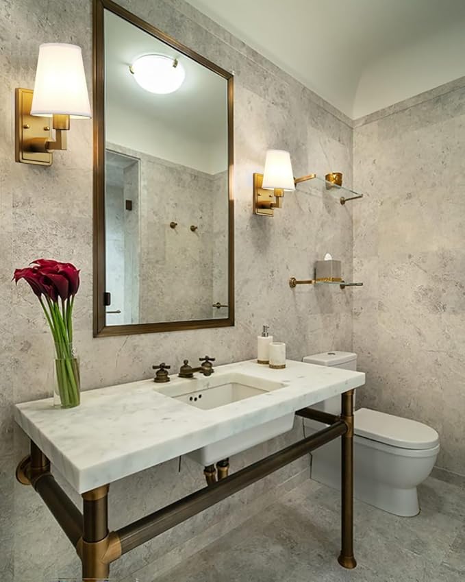 Wall Sconce 1-Light Fixture Antique Finish with White Fabric Shade, E26 Hardwired Indoor Wall Light for Vanity Bathroom Living Room Bedside Nightstand Light